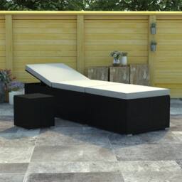 Berkfield Home Sun Lounger with Cushion & Tea Table Poly Rattan Black - thumbnail 2