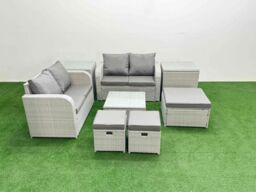 Fimous 7 Seater Outdoor Love Sofa Set Rattan Garden Furniture Set with Square Coffee Table 3 Footstool 2 Side Tables Light Grey - thumbnail 1