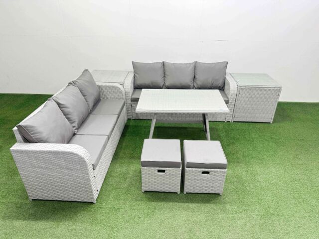 Fimous Rattan High Back Lounge Sofa Set with 3 Seater Sofa 2 Side Table Stool in Light Grey - image 1