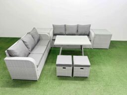 Fimous Rattan High Back Lounge Sofa Set with 3 Seater Sofa 2 Side Table Stool in Light Grey - thumbnail 1