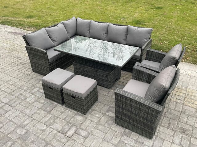 Fimous Outdoor Garden Furniture Set Wicker PE Rattan Height Adjustable Rising Lifting Table Sofa Dining Set with 2 Small Footstool 2 Armchairs - image 1