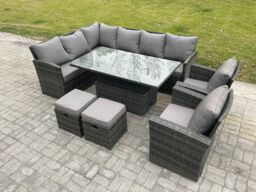 Fimous Outdoor Garden Furniture Set Wicker PE Rattan Height Adjustable Rising Lifting Table Sofa Dining Set with 2 Small Footstool 2 Armchairs - thumbnail 1