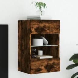Berkfield Home TV Wall Cabinet with LED Lights Smoked Oak 40x30x60.5 cm in Brown - thumbnail 2
