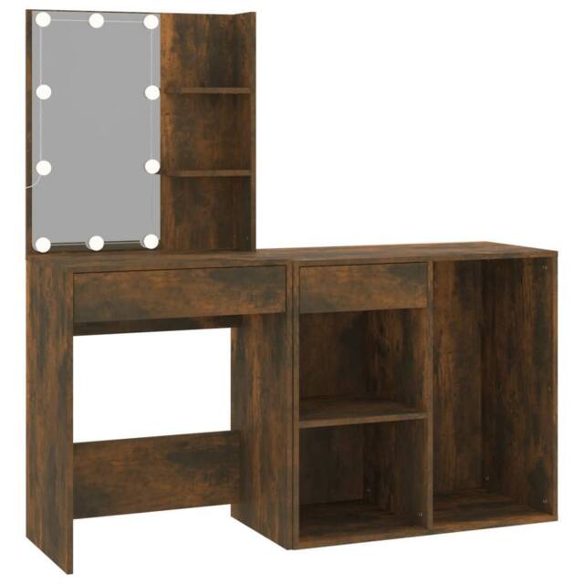 Berkfield Home LED Dressing Table with Cabinet Smoked Oak Engineered Wood in Brown - image 1
