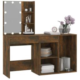 Berkfield Home LED Dressing Table with Cabinet Smoked Oak Engineered Wood in Brown - thumbnail 5