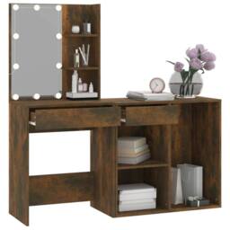 Berkfield Home LED Dressing Table with Cabinet Smoked Oak Engineered Wood in Brown - thumbnail 6