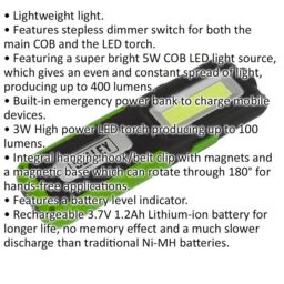 Loops Rechargeable Inspection Light with Power Bank - 5W COB & 3W SMD LED - Green - thumbnail 2