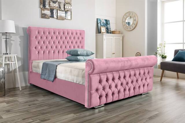 UK Bed Furniture Faye Slatted Base Upholstered Bed with 48 Inch Headboard in Pink - Size: Single - image 1