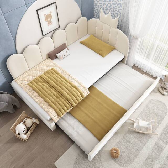 Merax 3FT Crown Upholstered Daybed With Pull Out Trundle Bed in Beige - Size: Single - image 1