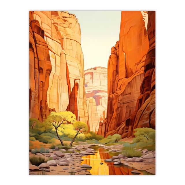 Artery8 Zion National Park Canyon Artwork Amber Orange Green Bright Sunlit Narrows Gorge Large Wall Unframed Art Poster Print Thick Paper 18X24 Inch - image 1