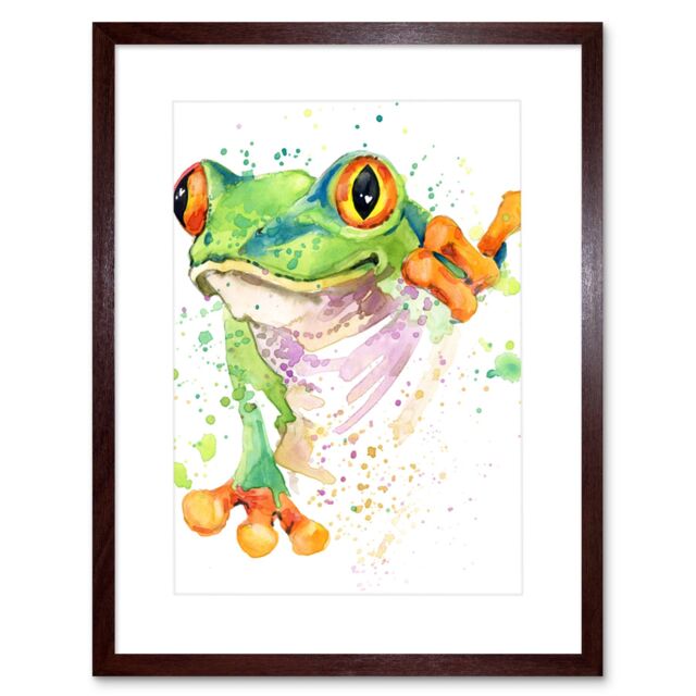 "Artery8 Wall Art Print Watercolour Frog Bright Art Framed 9x7 inch in Brown - Size: W7"" x H9""" - image 1