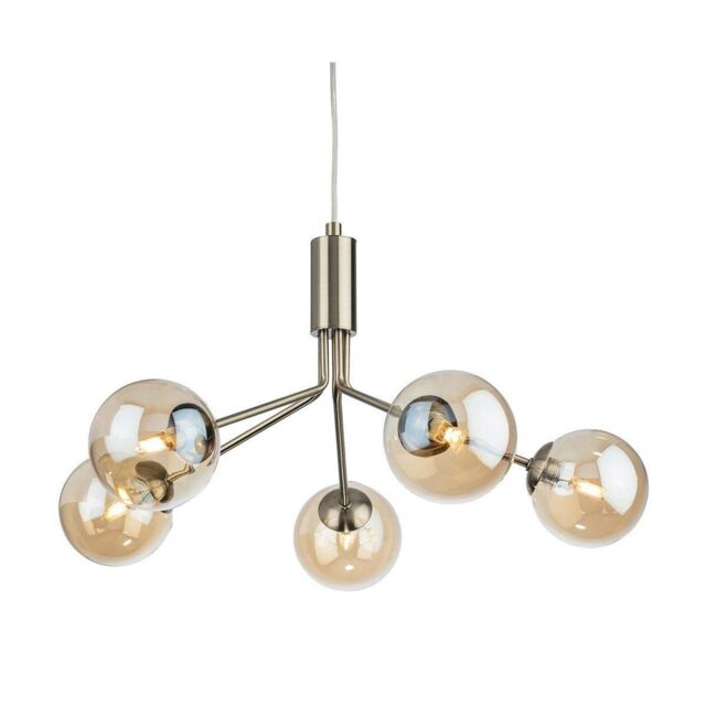 Netlighting Montana 5 Light Globe Fitting Antique Brass with Amber Glass in Gold