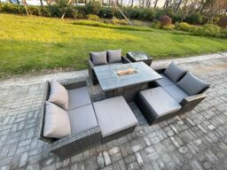 Fimous High Back Rattan Garden Furniture Sofa Sets with Outdoor Furniture Gas Firepit Dining Table Set 2 Big Footstool in Dark Grey - thumbnail 1
