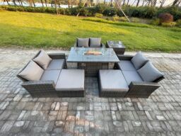 Fimous High Back Rattan Garden Furniture Sofa Sets with Outdoor Furniture Gas Firepit Dining Table Set 2 Big Footstool in Dark Grey - thumbnail 2
