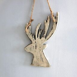 Shatchi Cream Christmas Wooden Hanging Deer Wall Decoration Xmas Home Office Holiday Decorative Centrepiece 26cm