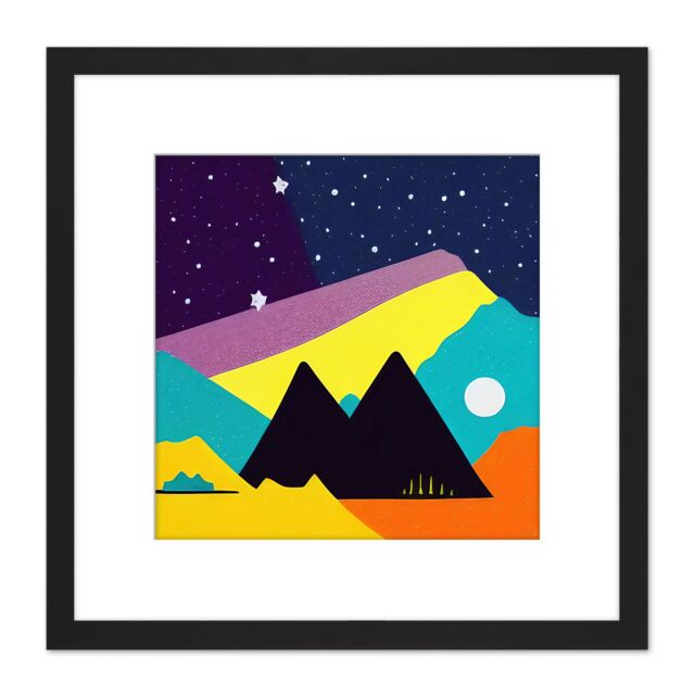 Artery8 Abstract Starry Sky Landscape Hills Moon Yellow Orange Teal Illustration Square Wooden Framed Wall Art Print Picture 8X8 Inch in Black - image 1