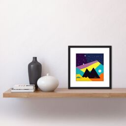 Artery8 Abstract Starry Sky Landscape Hills Moon Yellow Orange Teal Illustration Square Wooden Framed Wall Art Print Picture 8X8 Inch in Black - thumbnail 2