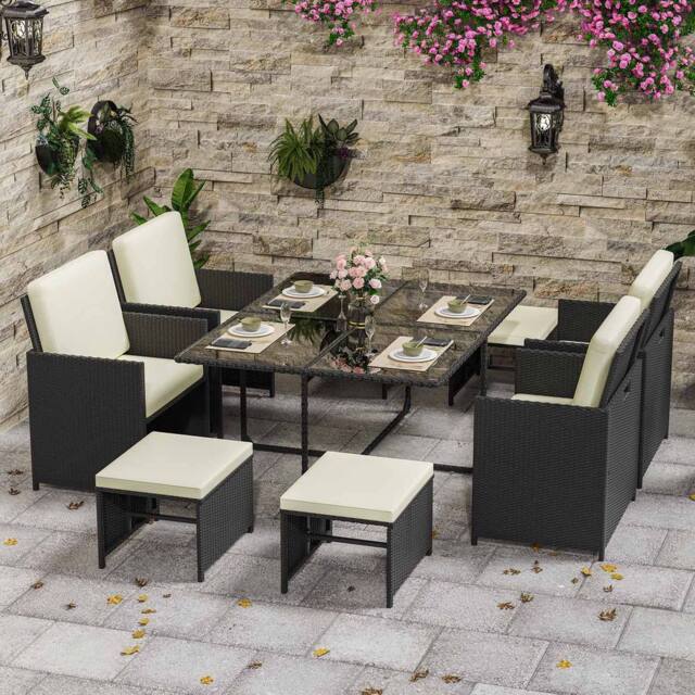 Gartistgo 9 Piece Rattan Garden Dining Set with Table, Chairs & Footstools in Black - image 1