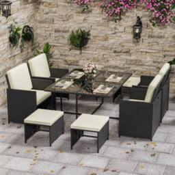 Gartistgo 9 Piece Rattan Garden Dining Set with Table, Chairs & Footstools in Black - thumbnail 1