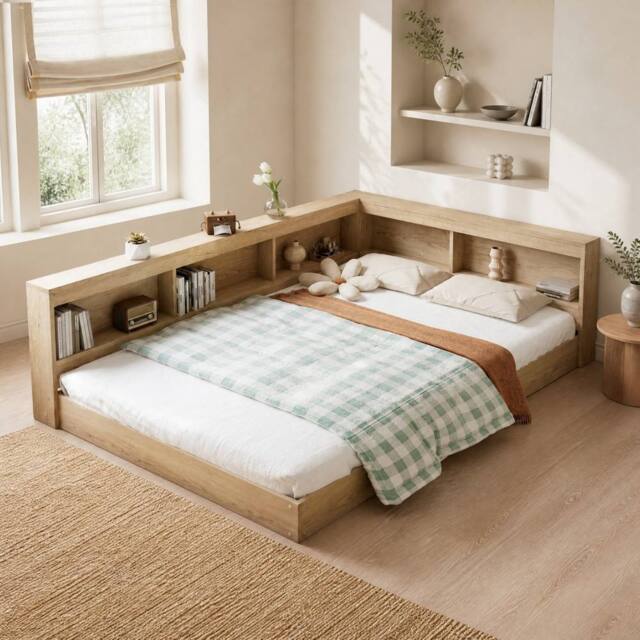 STILVORA Bed Frame 4ft6 Double with Storage Oak in Khaki - image 1