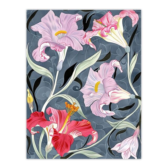 "Artery8 Pink Lily Flowers Stylised Detailed Floral Wall Art Print - Size: W24"" x H32""" - image 1