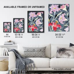 "Artery8 Pink Lily Flowers Stylised Detailed Floral Wall Art Print - Size: W24"" x H32""" - thumbnail 3