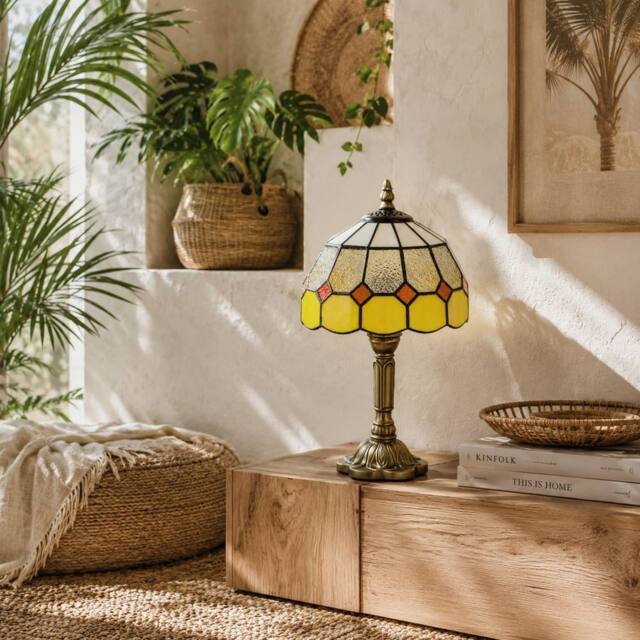 Wyld Haus Handmade Art Deco Stained Glass Table Lamp - Orange Rim, Bronze Base in Yellow - image 1