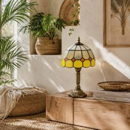 Wyld Haus Handmade Art Deco Stained Glass Table Lamp - Orange Rim, Bronze Base in Yellow