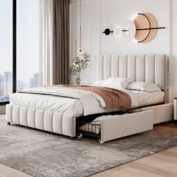 BTM Double Bed with 4 Storage Drawers & Velvet Upholstery in Beige - thumbnail 2
