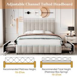 BTM Double Bed with 4 Storage Drawers & Velvet Upholstery in Beige - thumbnail 3
