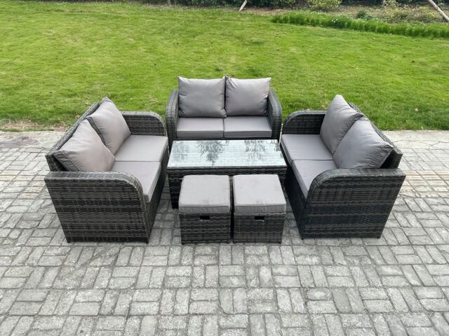 Fimous Outdoor Garden Furniture Sets 6 Pieces Wicker Rattan Furniture Sofa Sets with Rectangular Coffee Table Love seat Sofa 2 Small Footstools - image 1