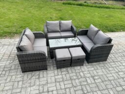 Fimous Outdoor Garden Furniture Sets 6 Pieces Wicker Rattan Furniture Sofa Sets with Rectangular Coffee Table Love seat Sofa 2 Small Footstools - thumbnail 2
