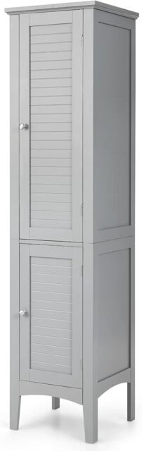 Gymax Bathroom Tall Cabinet 5-Tier Narrow Organizer with 2 Shelves & Doors in Grey - image 1