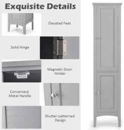 Gymax Bathroom Tall Cabinet 5-Tier Narrow Organizer with 2 Shelves & Doors in Grey - thumbnail 5