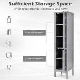Gymax Bathroom Tall Cabinet 5-Tier Narrow Organizer with 2 Shelves & Doors in Grey - thumbnail 3
