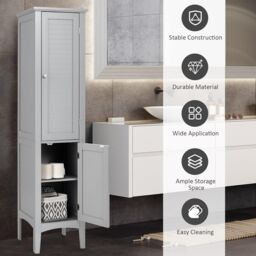 Gymax Bathroom Tall Cabinet 5-Tier Narrow Organizer with 2 Shelves & Doors in Grey - thumbnail 4