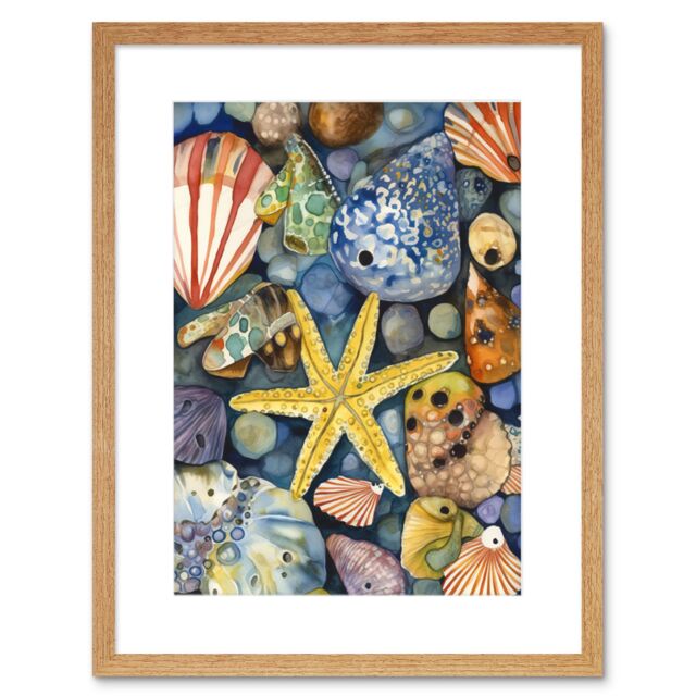 "Artery8 Wall Art Print The Rock Pool Seaside Clams Starfish Bathroom Artwork Framed 9X7 Inch in Beige - Size: W7"" x H9""" - image 1