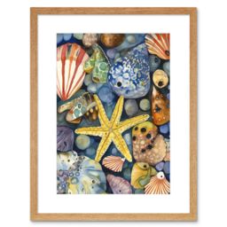 "Artery8 Wall Art Print The Rock Pool Seaside Clams Starfish Bathroom Artwork Framed 9X7 Inch in Beige - Size: W7"" x H9""" - thumbnail 1