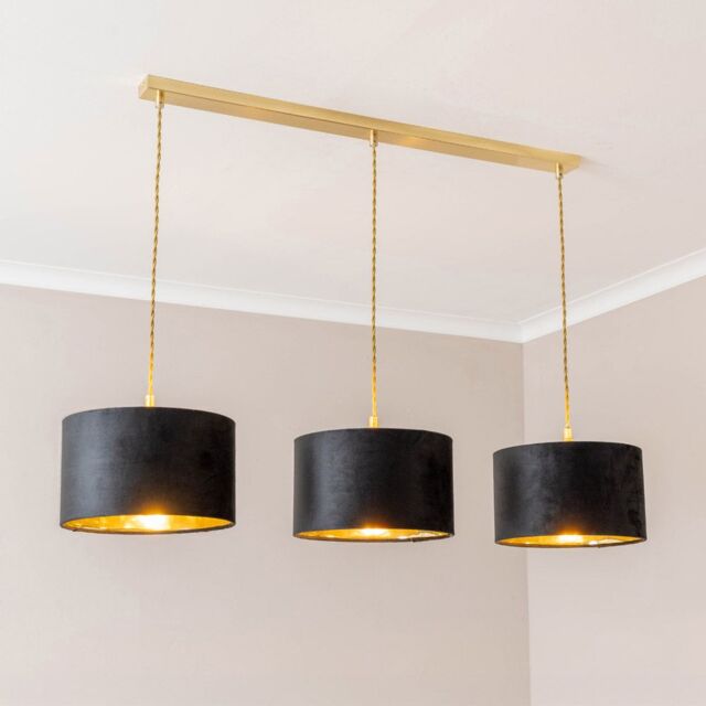 ValueLights Reni Black Velvet & Gold Shade 3 Drop Bar Gold Diner Ceiling Light with Bulbs - image 1