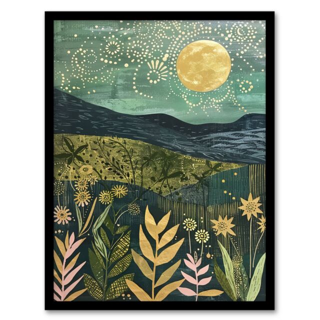 "Artery8 Full Moon Floral Landscape Folk Art Painting Framed Wall Art in Blue - Size: W12"" x H16""" - image 1
