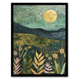 "Artery8 Full Moon Floral Landscape Folk Art Painting Framed Wall Art in Blue - Size: W12"" x H16""" - thumbnail 1