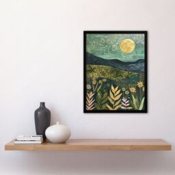 "Artery8 Full Moon Floral Landscape Folk Art Painting Framed Wall Art in Blue - Size: W12"" x H16""" - thumbnail 4