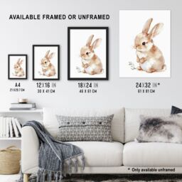 "Artery8 Adorable Fluffy Baby Bunny Animal Watercolour Framed Art Print in Beige - Size: W12"" x H16""" - thumbnail 3