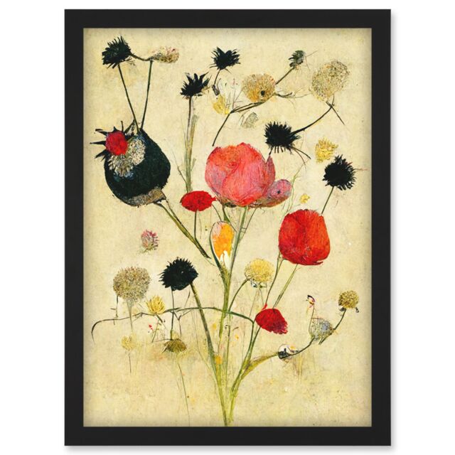Artery8 Wild Flower Pastel & Ink Illustration Abstract Artwork Framed Wall Art Print A4 in Black - image 1