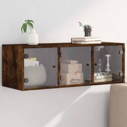 Berkfield Home Wall Cabinet with Glass Doors Smoked Oak 102x37x35 cm in Brown - Size: 102 x 37 x 35 cm - thumbnail 2