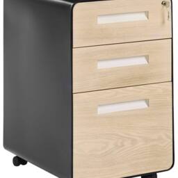 Wyld and Coco 3 Drawer Mobile Pedestal Black Light Brown Wood Effect Front - thumbnail 2