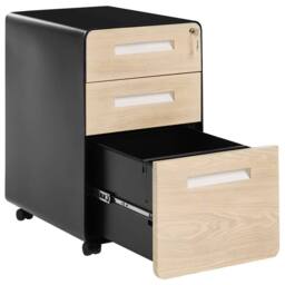 Wyld and Coco 3 Drawer Mobile Pedestal Black Light Brown Wood Effect Front - thumbnail 4