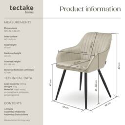 tectake Dining Chair Marilyn Set Of 4 - Cream/Black in Cream - Size: 4 Pack - thumbnail 6