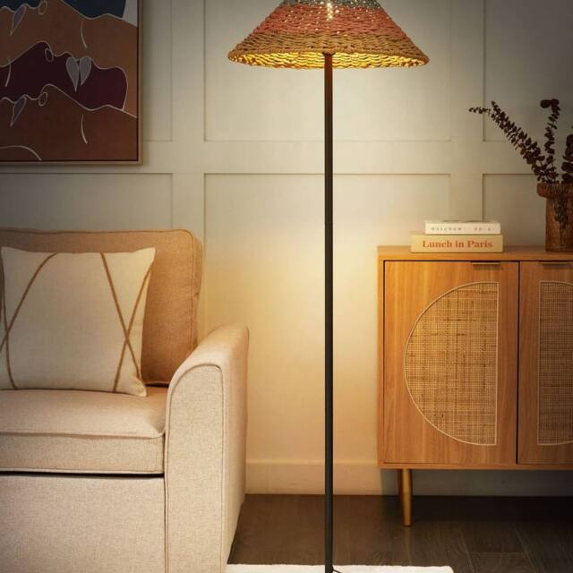 Wyld and Coco Boho Floor Lamp Beige Paper Rope Shade Pink and Blue Accents Sturdy - image 1