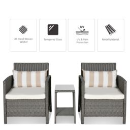 OUTSUNNY 3 PC Outdoor Rattan Sofa Set w/ Chairs Coffee Table Cushion in Light Grey - thumbnail 4